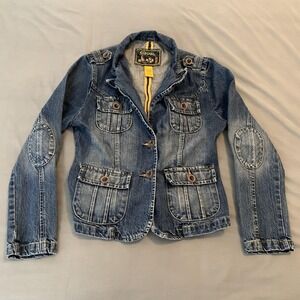 Star Jeans Jacket Womens Medium Blue Denim Military Utility Pockets Button Front